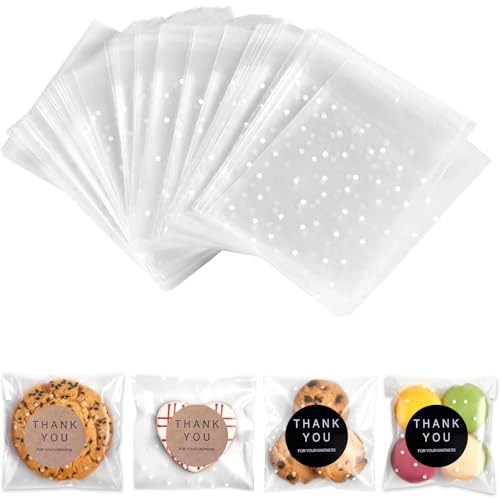 WUBAYI 100 bolsas de plástico pequeñas, pequeñas bolsas de celofán esmerilado con puntos blancos, autoadhesivas, para galletas y recuerdos, incluye calcomanías, 10 x 10 cm