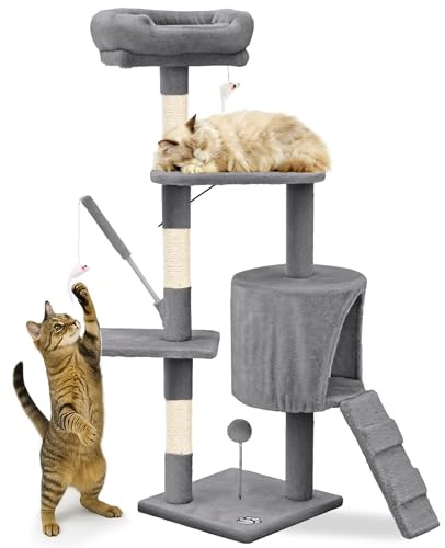 VOUNOT® Árbol Rascador para Gatos Altura 112 cm, Torre de Gatos Multiniveles, Rascador de Escalada Estable para Felinos Mascotas con Juguetes Postes de Sisal Plataformas Cueva Pelota, Gris