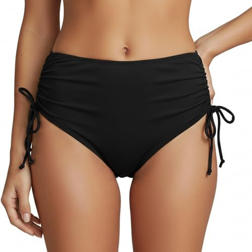 WUDEUI Womens Black Bikini Bottoms, High Waist Swim Briefs with Side Adjustable Drawstrings, Full Coverage Bathing Suit Bottoms for Ladies Girls