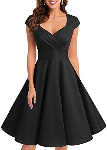 bbonlinedress 1950er Vintage Retro Cocktailkleid Rockabilly V-Ausschnitt Faltenrock Black M