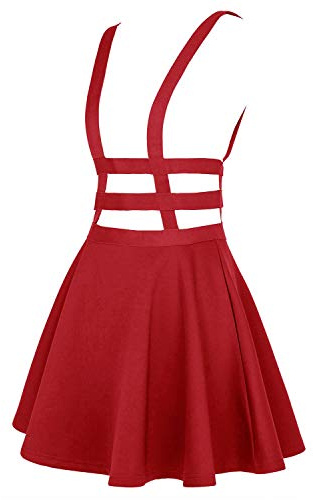 EXCHIC Women's Braces Skirt Pleated A-Line Suspender Mini Skirt (L, Red)