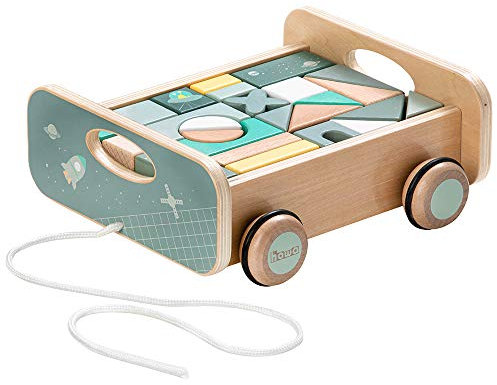 howa Nachziehwagen mit 25 Holzbausteinen aus Buche, Baby Spielzeug, Nachziehspielzeug, Holzbausteine, Nachziehspielzeug ab 1 Jahr, Baby Spielzeug 6018