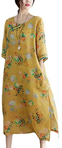 Donne cinese floreale Qipao camicia abito etnico orientale lungo rana pulsante camicetta top, Stile 01-giallo, Large