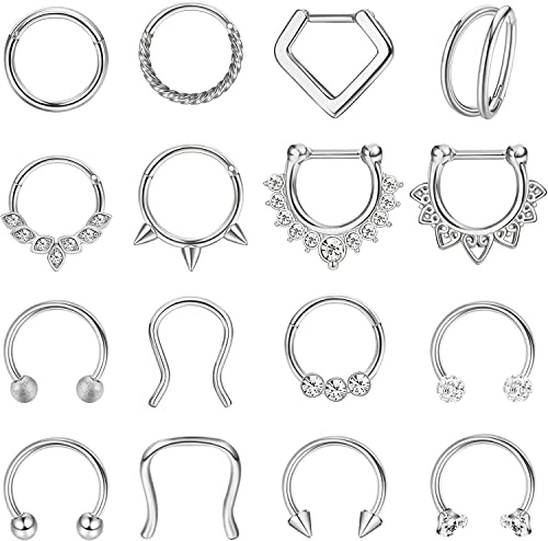 Adramata 16 Piezas de Acero Inoxidable Tabique Anillos de Nariz Aro CZ Cartílago Helix Tragus Pendientes Septum Clicker Piercing Joyería, 8MM,16G,S