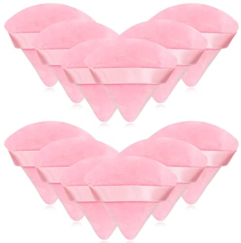 12 Pieces Pink Cosmetic Powder Puff,2.76 inch Portable Soft Sponge Setting Face Puffs,Triangle Velvet Powder Puff with Ribbon Band Handle for Loose Powder Body Powder Makeup Tool