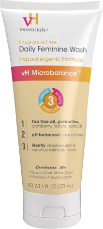 vH Essentials Daily Feminine Wash - 6 Fl Oz - Fragrance-Free, Odor Eliminating Body & Vaginal Wash with Tea Tree Oil, Prebiotics and Lactic Acid for pH Balance, Odor Defense and Vaginal Health