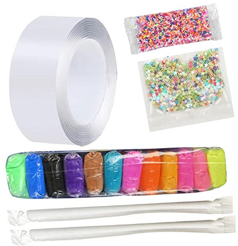 MagiDeal Durchsichtiges Nano Klebeband Doppelseitiges, Selbstklebendes Nano Tape Bubble für Kinder, 200CM DIY Handgefertigte Nicht Markierend Tape, mit 2 STK Strohhalme + 12 Farben Ton + Pailletten