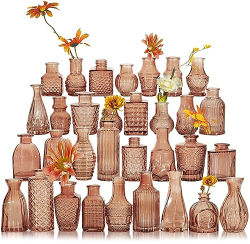 SUJUN Glasknoppvas set med 32 st, små glasvaser för blommor, bärnstensfärgade knoppvaser i bulk, vintage vaser för bröllopsdekorationer, bröllopsdekorationer, hembordsdekoration