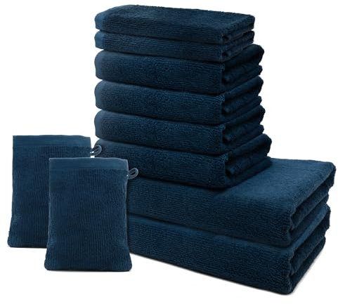 10 er Set Handtücher | 2 Badetücher 70x140cm + 4 Handtücher 50x100cm + 2 Gästehandtücher 30x5cm + 2 Waschlappen 15x20cm | Weich & Flauschig | 100% Baumwolle | 500g/m² | Oeko-Tex | Ôhm | Dunkelblau