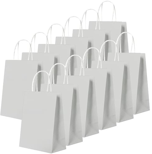 24 Pezzi Piccolo Sacchetti Bianco Carta con Manici,16x8x22cm Bianco Borse Carta Kraft Sacchetti da Regalo Cart per Confezioni Regalo, Feste, Compleanni, Natale, Halloween, Matrimoni