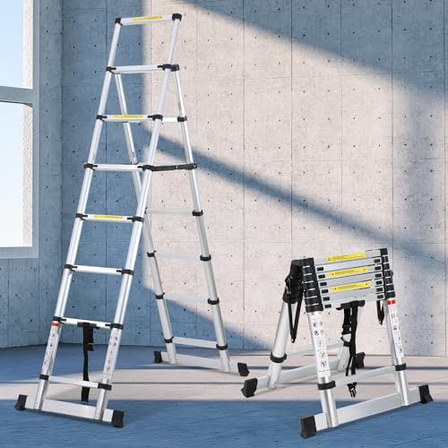 SWANEW Escalera telescópica de 2 m + 2,3 m, de aluminio, plegable, antideslizante, multiusos, 150 kg de capacidad de carga