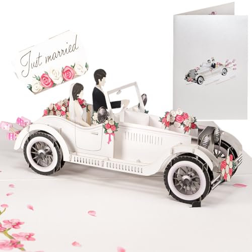 Sweetpopup® 3D Hochzeitskarte Mit Extra Geldgeschenk-Verpackung | Pop-Up Karte Zur Hochzeit | Edles Metallic-Papier | Gutschein & Geschenk Zum Hochzeitstag | Hochzeitsauto & Brautpaar, 057