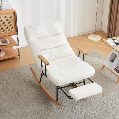 Schaukelsessel,Komfortabler Schaukelstuhl,Schaukelsessel 100cm hoch, 58cm Sitzbreite, mit Schwerkraftverstellung, manuellem Fußstützenmechanismus, stabiler und rutschsicherer Liegefunktion (Weiß)
