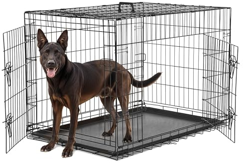Simple Deluxe 36-Inch Medium Dog Crate with Divider, Double Door Folding Metal Wire Cage with Leak-Proof Plastic Tray, Portable Pet Kennel for Indoor, Outdoor, and Travel