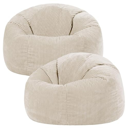 icon Kingston Cord Bean Bag with Filling Included, Set of 2, Beige | Made in the UK, Adult Beanbag, Comfy Chair, Soft Corduroy Fabric, Floor Chair For Lounge and Bedroom