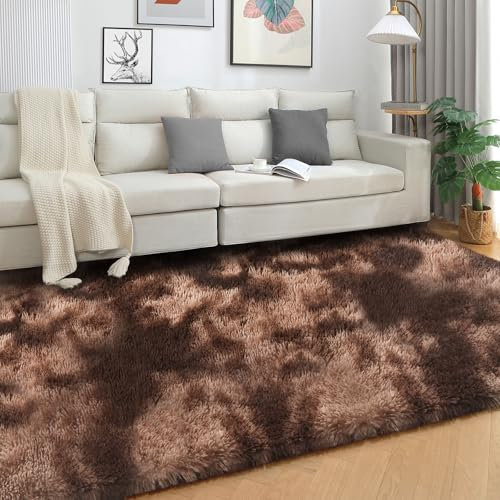 SOANNY Alfombra de Pelo Largo para Salón, Lavable Antideslizante y Suave, Diseño Tie-Dye Shaggy para Dormitorio y Habitación Infantil, Tapete para Cama, 120x180 cm, Marrón