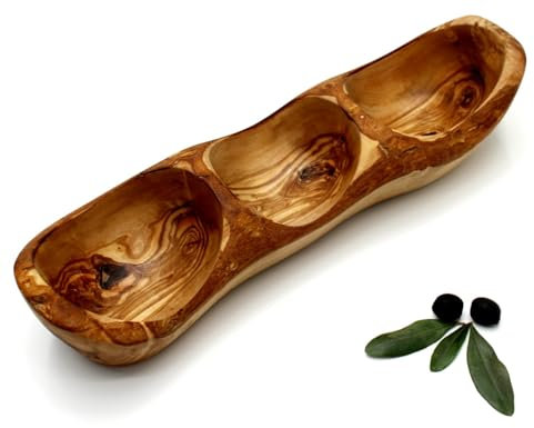 DAGDEG Cuenco de madera de olivo alargado, 3 compartimentos, cuencos para aperitivos y cuencos para salsas, cuenco decorativo, cuenco rústico, cuenco para velas, cuenco multiusos, aprox. 40 cm, hecho