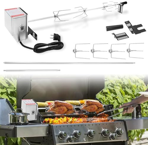Hebitod Juego de brochetas para barbacoa, asador de acero inoxidable con 4 agujas de carne, pinza para carne, mango de motor, pincho giratorio eléctrico, espátula automática para barbacoa, horno y