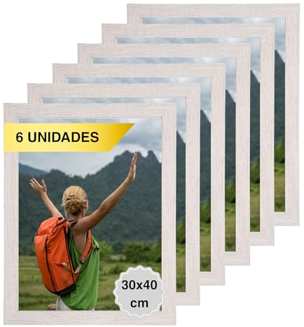MARCOFOTO Set de 6 Marcos de Fotos - Marco Para Cuadros - Marco de Fotos - Marco Foto - Marcos Cuadros - Marcos Fotos Pared con Cristal - Marco Fotos - Marcos Madera MDF Blanco Marmol - 30X40