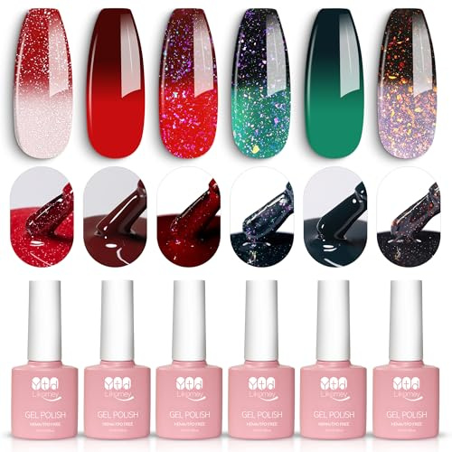 YTD Likomey Esmalte Semipermanente de Uñas en Gel UV LED,Navidad 6 Colores Pintauñas Permanentes Camaleón Kit de Temperatura Cambio de Color,Rojo Verde Gel Polish Con Pegatinas Para Uñas,6 Pcs 7.5ml