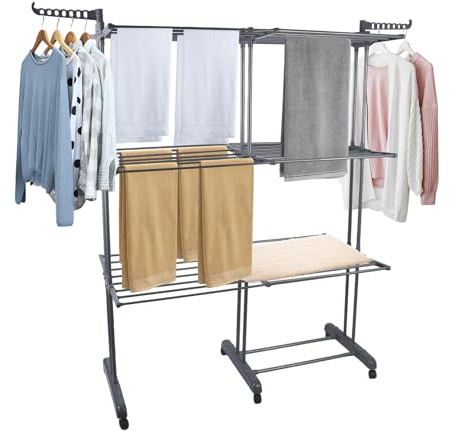 OHMG Séchoir à Linge Extensible Grande Capacité Tour de Séchage 3 Niveaux Pliable d’Étendage Étendoir Vertical Multifonction pour Intérieur et Extérieur avec 12 Ailes Pliables,étendoir à Linge