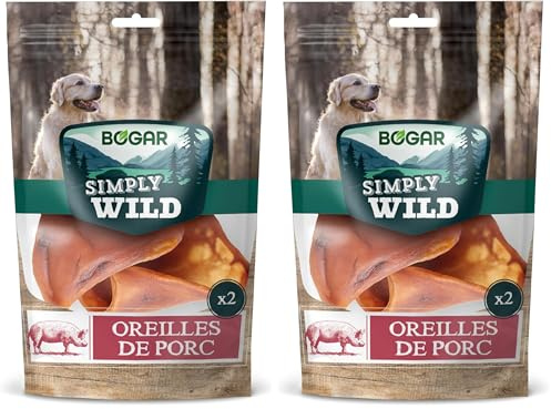Bogar - Simply Wild - Friandises pour Chien - Nourriture pour Chiens en Complément de l'Alimentation Habituelle - Friandise sous forme d'Oreilles de Porc - 100% Porc Séché - Aide à la Mastication - 2x
