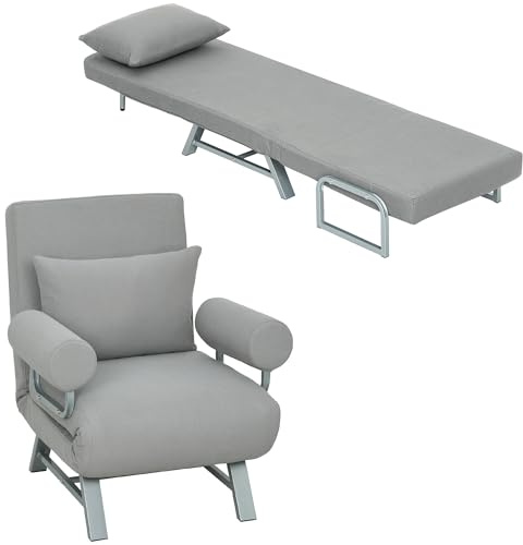 HOMCOM Sofá Cama de 1 Plaza 3 en 1, Sofá Cama Plegable Tapizado en Lino Sintético con Respaldo Ajustable de 5 Niveles y Almohada Acolchada, para Oficina, Dormitorio, Salón, 73x78x81 cm, Gris Claro