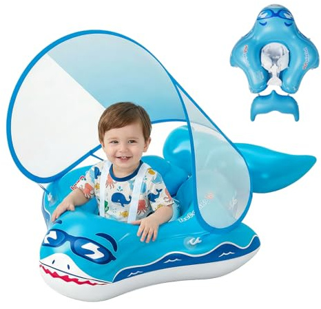 Flotador de Bebé con Sombrilla, UPF50+ Flotador Piscina con Desmontable Toldo, Flotadores Bebes para 12 a 36 Meses, PVC Suave Asiento Antivuelco para Piscina Playa