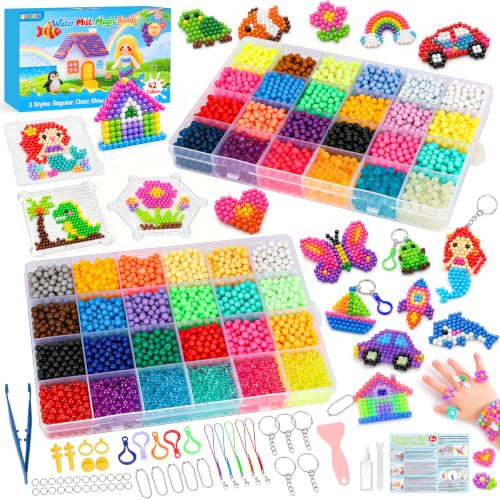 7200 Perles d'eau 42 Couleurs, Lumineuses & Pailletées, Kit pour Enfants | PVA, non toxique, 3 pochoirs, plein d'accessoires, sans repassage ni colle, motricité fine, sans écran, cadeau pour enfant