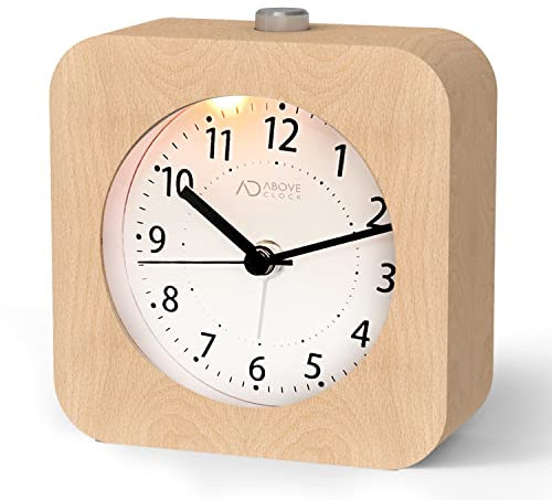aboveClock Wecker Analog Ohne Ticken, Wecker Holz mit Snooze, Wecker Batteriebetriebe, Retro Wecker Analog, Tischuhr mit Nachtlicht, (1*AA-Batterie benötig) - Naturholz in Braun