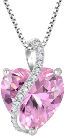 YL Collar de Corazón plata de ley 925 con colgante de circonita rosa con piedra natal de octubre para mujer