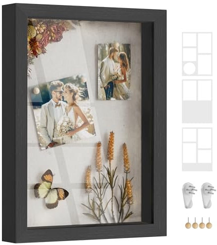 SONGMICS Bilderrahmen, 3 Passepartouts, Fotorahmen zum Befüllen, 4 Stecknadeln, Collage für Bilder 10,2 x 15,2 cm, 10,2 x 10,2 cm, 2 spurenlose Wandhaken, aschschwarz RPF019B01