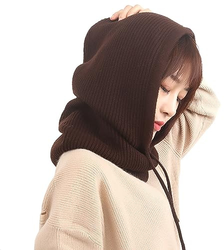 1 paquete de gorros de invierno para mujer, pasamontañas, gorro de punto con cordón ajustable, bufanda cálida con capucha, gorro de calavera, color café