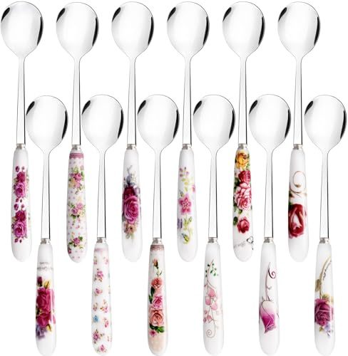 Loppdece 12Pcs Dinner Spoons,Floral Spoons with Ceramic Handle, 12 Patterns