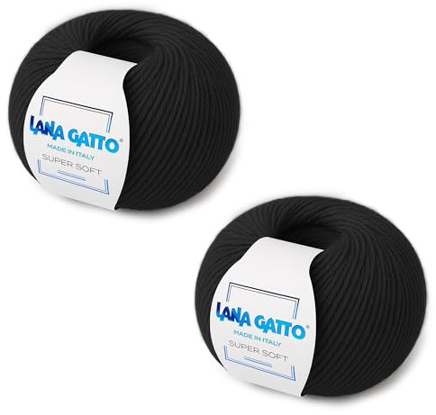 Gomitoli per maglia e uncinetto 100% Pura Lana Vergine Merino Extrafine by Lana Gatto, Made in Italy. Linea Super Soft, lana di qualità superiore, 100 g. 250 mt, (Nero - 10008, 2)