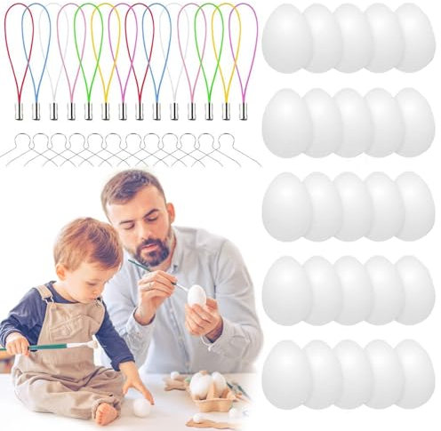 BOOSHMall 25pcs Ostereier Plastik weiß, Ostereier zum Bemalen und Aufhängen, Kunststoff Eier Ostern, Easter Eggs, Kunststoffeie für Basteln und Dekorieren an Ostern