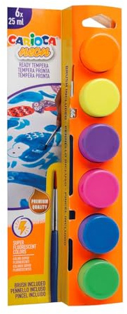 CARIOCA Botes de Témpera Neón | 6 colores x 25 ml |Incluye Pincel | Gran Poder Cubriente