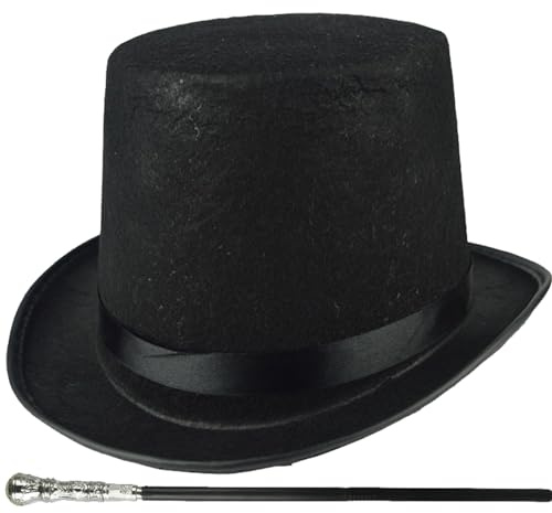 Disfraz de sombrero de copa 2 piezas/juego Sombrero de copa de Halloween y bastón negro de 31,5 pulgadas Accesorios para hombres de los años 20 para hombres Mujeres Actuación mágica, cosplay, baile, á