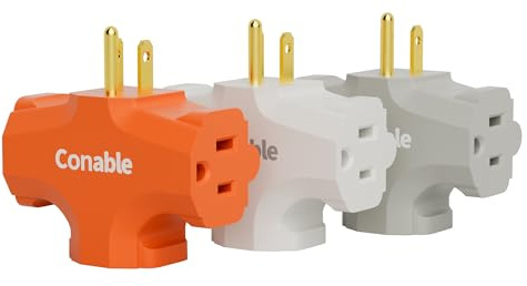 3-Outlet Adapter, 3 Prong Plug Extender, Heavy-Duty Grounded Power Tap 3 Way Splitter Adapter, Electric Outlet Expander Sideways, Multiple Colors, T-Shape Design, ETL Listed, Orange/White/Grey, 3 Pack