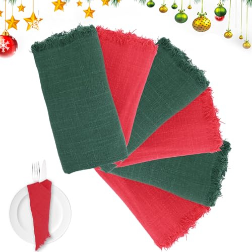8 Pcs Christmas Handmade Cloth Napkins Xmas Cotton Napkins with Fringe Soft Dinner Napkins Red and Green Cheesecloth Table Napkins for Dinner Buffet Wedding and Parties