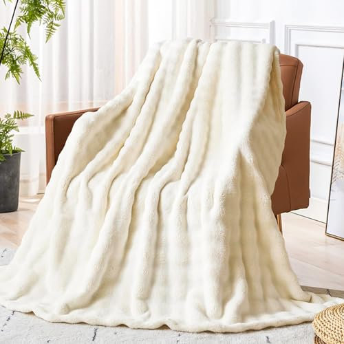 KOIUEYW Weiß Kuscheldecke, Warme Kuschelige Sofadecke Kuschelig Couch Decke Wohndecken, Flauschige Blanket Streifen Design Kuschelige Decke für Sofa Wolldecken für Couch, 200 x 230 cm
