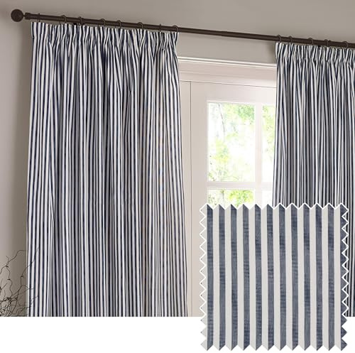 furn. Yard Hebden Pencil Pleat Curtain Pair – Ultra Soft Cotton Lined Striped Curtains (Navy - 168x183cm)