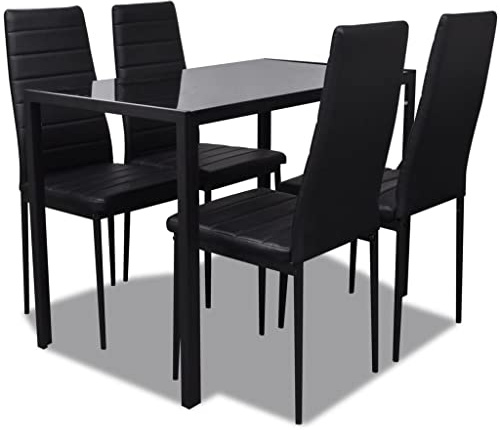 Teenpull matgrupp modern, 5 delar med matbord av härdat glas, 4 köksstolar av konstläder, svart, för matsal, 4 personer