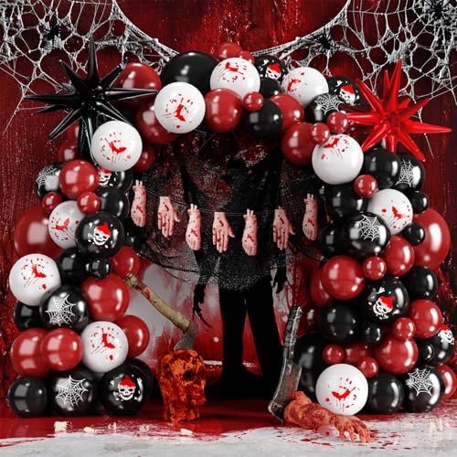 Ptypop Decoracion Fiesta Halloween Pack Decoracion con Globos Rojo, Negro de Guirnaldas & Telarañas & Cartel de Terror Manos Rotas, Decoración Halloween Exterior Interior Puerta Casa