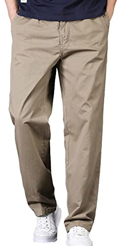 Jamron Hombre Cintura Elástica Pantalones Chinos Casual de Pata Ancha Pantalones de Trabajo de Algodón con 4 Bolsillos Caqui 4XL