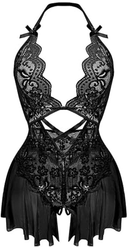 Rayson Lencería Mujer Babydoll Encaje Body Cuello en V Profundo Floral Ropa Interior Transpirable Malla Mini Vestido(Negro)