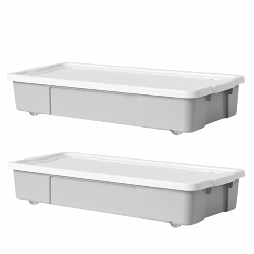 KYY'Z - 2x 47L Wheeled Underbed Storage Boxes Plastic Storage Containers on Wheels Ideal for Clothes Toys Bedding Organiser Stackable Home Bedroom Storage Grey Box with White Lid