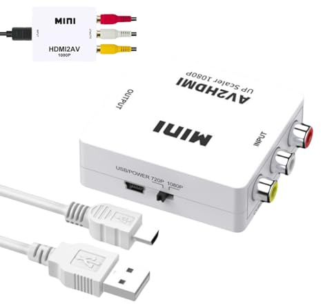 Ouitble AV till HD multimedia gränssnittsadapter 720p/1080p@60Hz RCA-till HD multimediagränssnitt adapter med mikro-USB-kabel, RCA-omvandlare för TV/monitor/projektor, vit