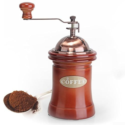 Molinillo de café manual de estilo antiguo con base de madera para evitar fugas de polvo, núcleo de cerámica y marco de hierro fundido, diseño de rueda vintage para moler granos de café y más