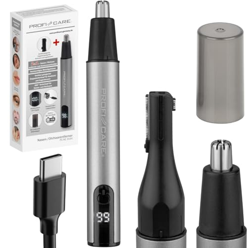 ProfiCare PC NE 3144 Näs-, öron- och konturhårstrimmer | USB-C | För män och kvinnor | Smärtfri | 360° rakhuvud | Näshårsborttagare | Ögonbrynstrimmer | Rakapparat